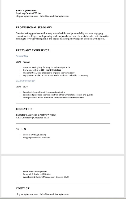 Entry-Level CV example. Content writing resume with no experience