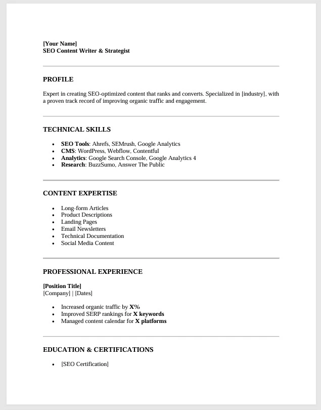 SEO content writing resume template