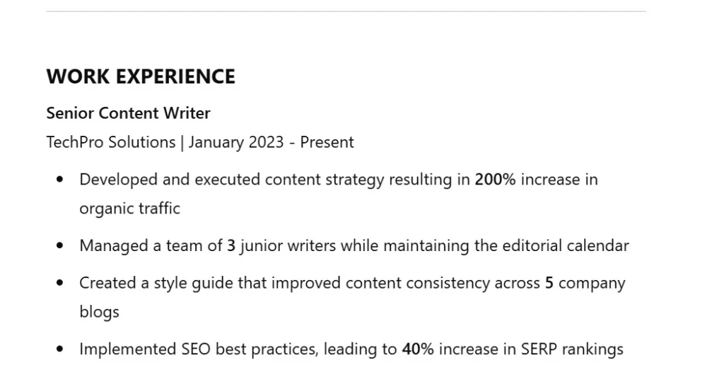 Work experience for Senior content writer example