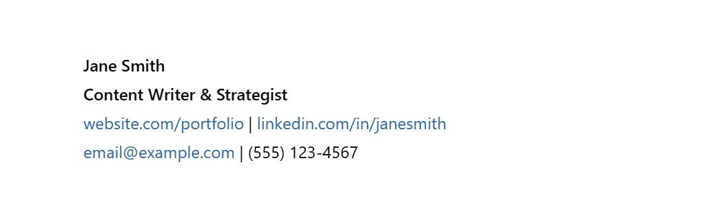 cv for content writing header section